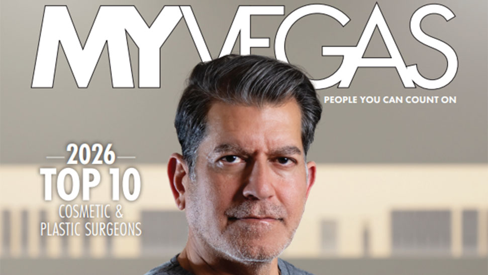 Close-up of a man’s face on a MY VEGAS magazine cover, announcing the 2026 Top 10 Cosmetic & Plastic Surgeons.