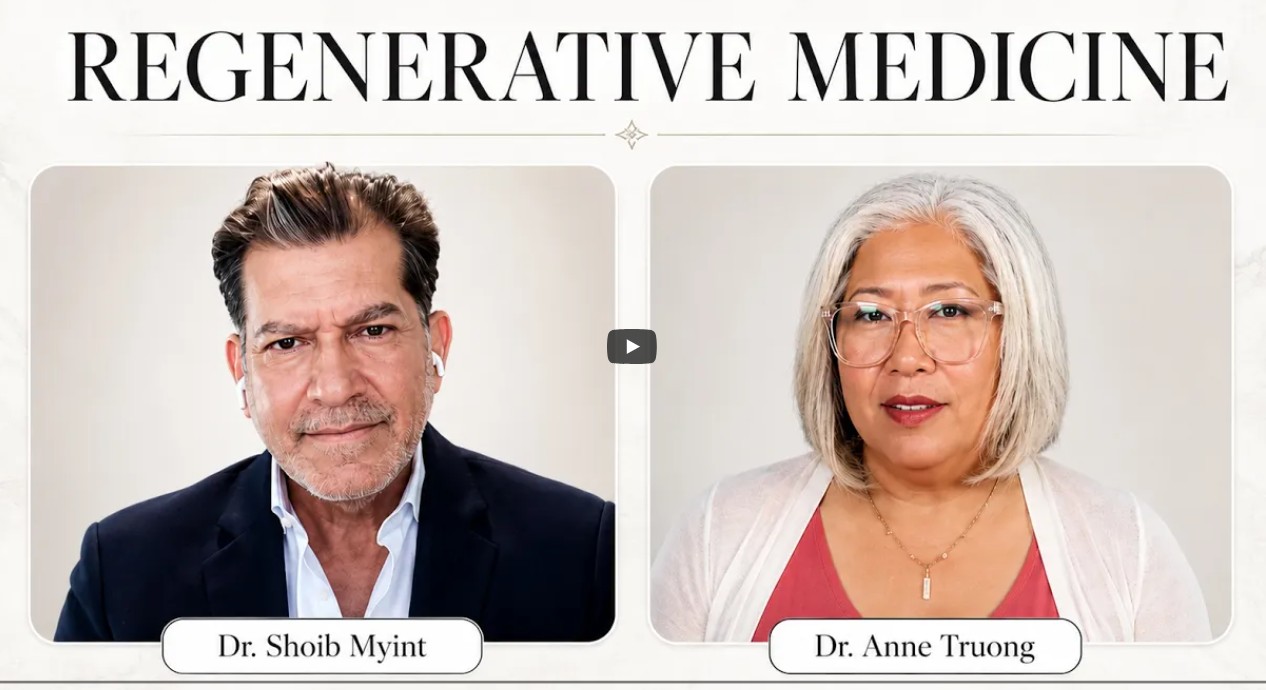 Regenerative Medicine hero image showing two doctors: left is Dr. Shoib Myint in a dark blazer, right is Dr. Anne Truong in pink top with glasses; a video play button sits between them under the title.